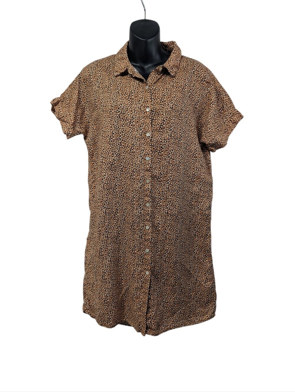Tahari Women's M Linen Button-Front Collared Leopard Shirt Dress Knee-Length